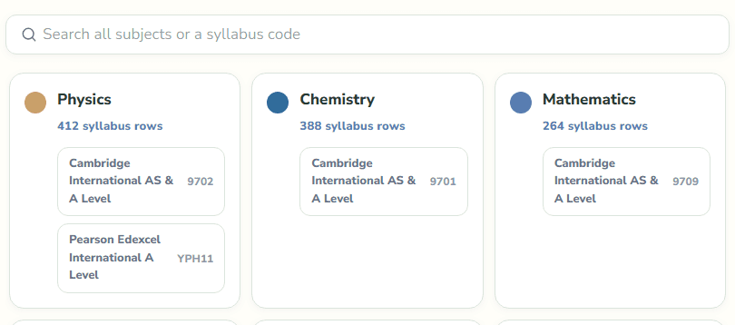 Momentum's sign-up subject picker: cards for Physics, Chemistry and Mathematics arriving with 412, 388 and 264 syllabus rows, each naming the exam board it is taught on.